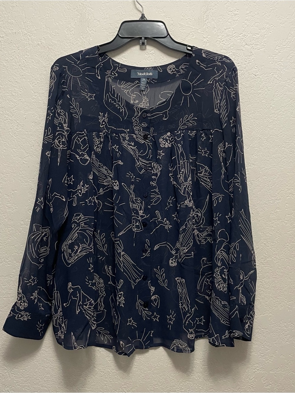 ModCloth 1X sheer navy blue long-sleeve blouse all-over celestial zodiac print